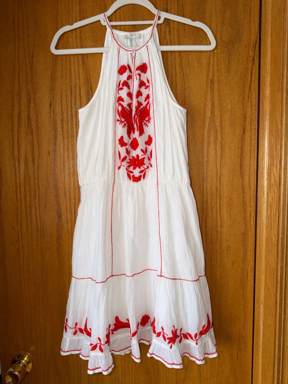 Joie White Halter Mini Dress with Red Floral Embroidery